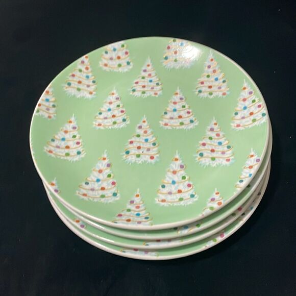 New Eccolo Casey Krimmel green white Christmas tree set of 4 6” diameter plates - Picture 6 of 8